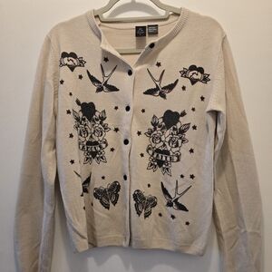 Cream Button-Front Cardigan with Black Tattoo Motif